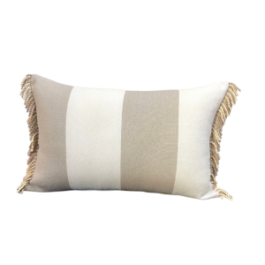 “A French Affair” Cream and Taupe Wide Stripe Lumbar Cushion with French Fringe